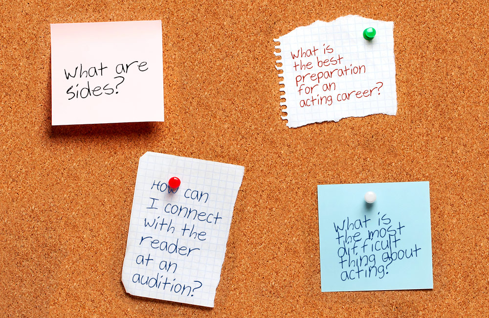 Note cards are pinned to a corkboard